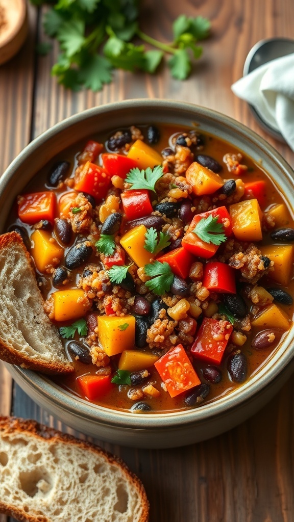 A bowl of vegetable and quinoa chili with beans, tomatoes, and peppers, garnished with cilantro, on a rustic table with bread.